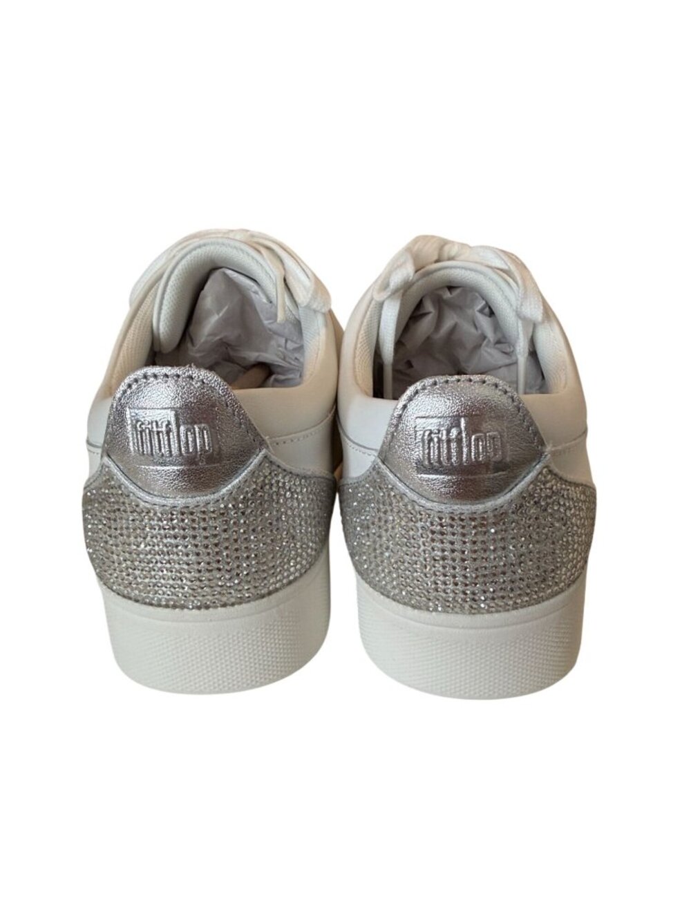 Fitflop Rally White and Silver Crystal Back Tab Leather Sneaker Size 8.5 NIB - Picture 3 of 12